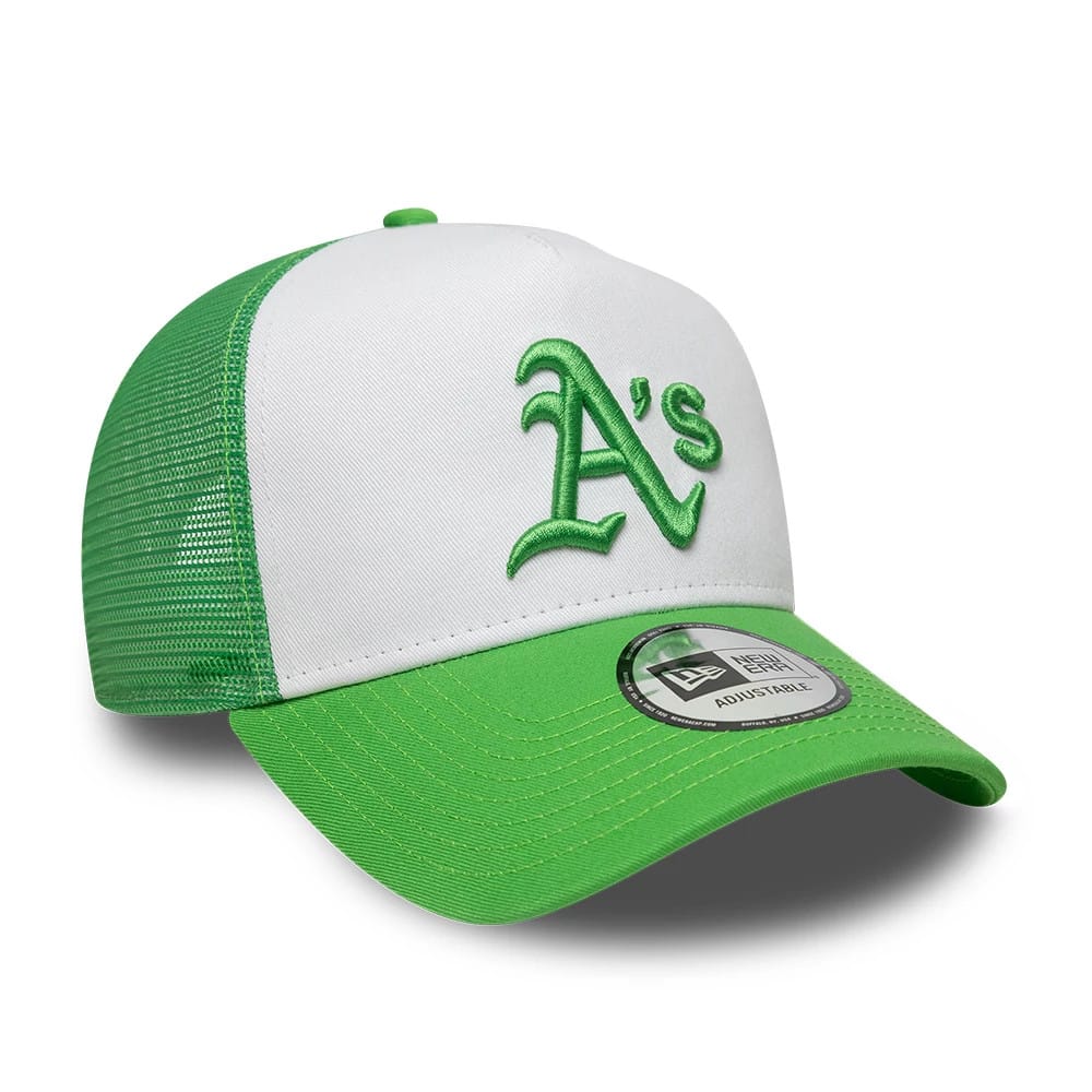 Pictured is this MLB League Essential Athletics 9FORTY A-Frame Trucker cap in open green. 3