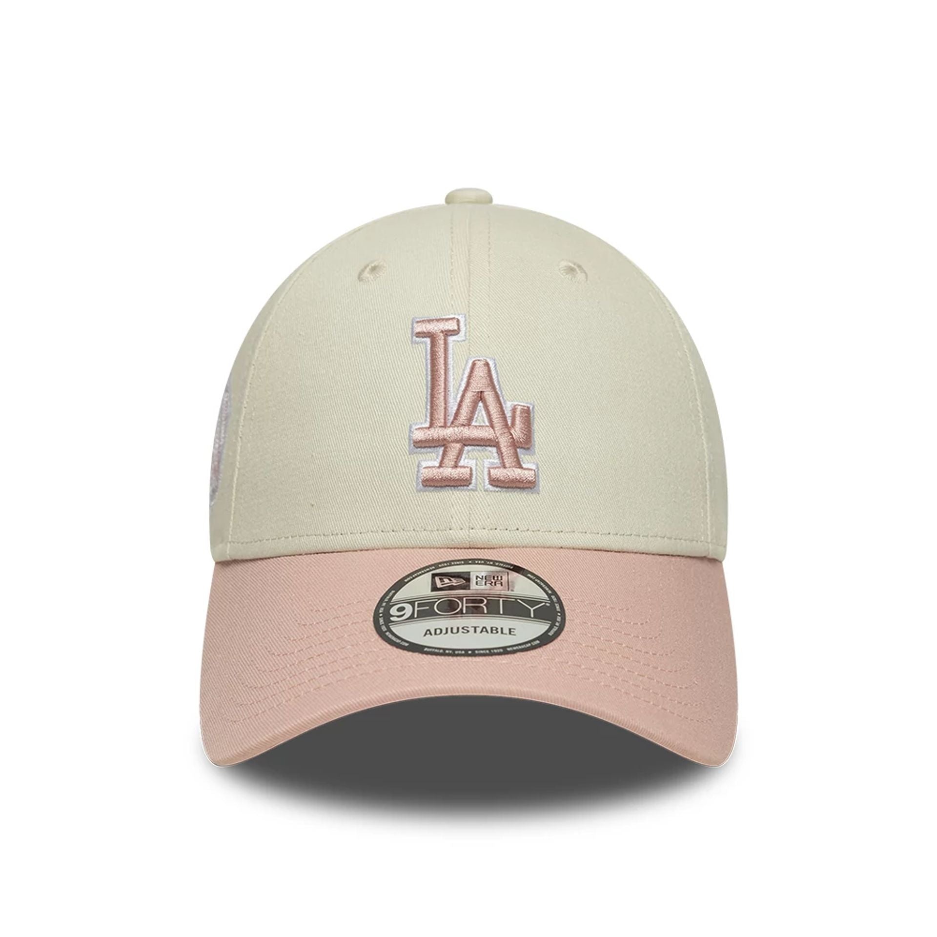 Pictured is this MLB World Series Patch LA Dodgers 9FORTY cap in light beige. 2