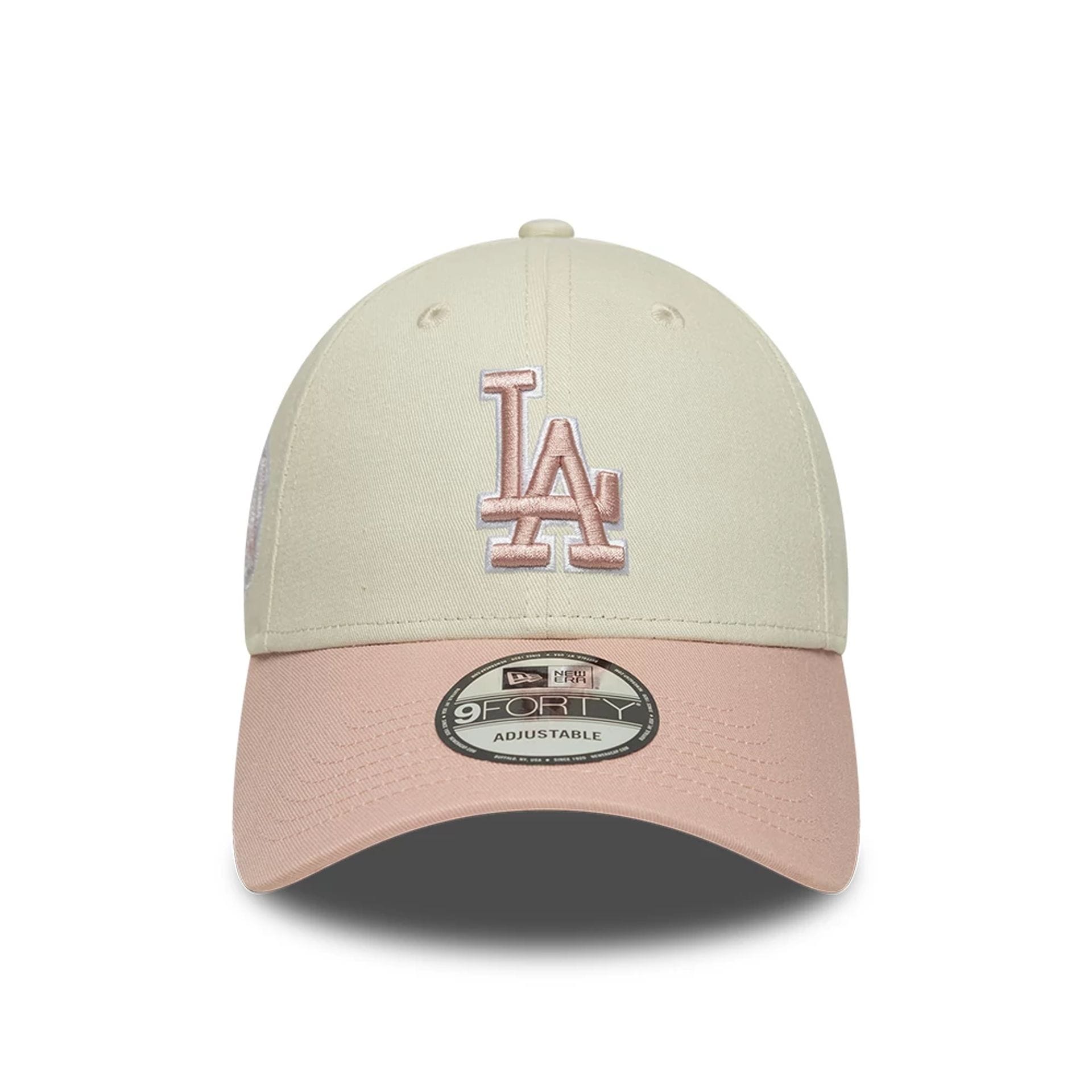 Pictured is this MLB World Series Patch LA Dodgers 9FORTY cap in light beige. 2