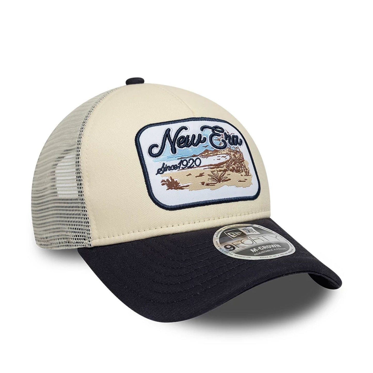 Pictured is this New Era 9FORTY M-Crown A-Frame Trucker cap in light beige. 3