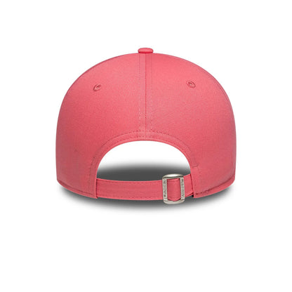 New York Yankees Womens MLB League Essential Pink New Era 9TWENTY Adjustable Cap, rear view showing a pink strap with a silver buckle closure, the structured pink crown, and small embroidered eyelets on each panel.