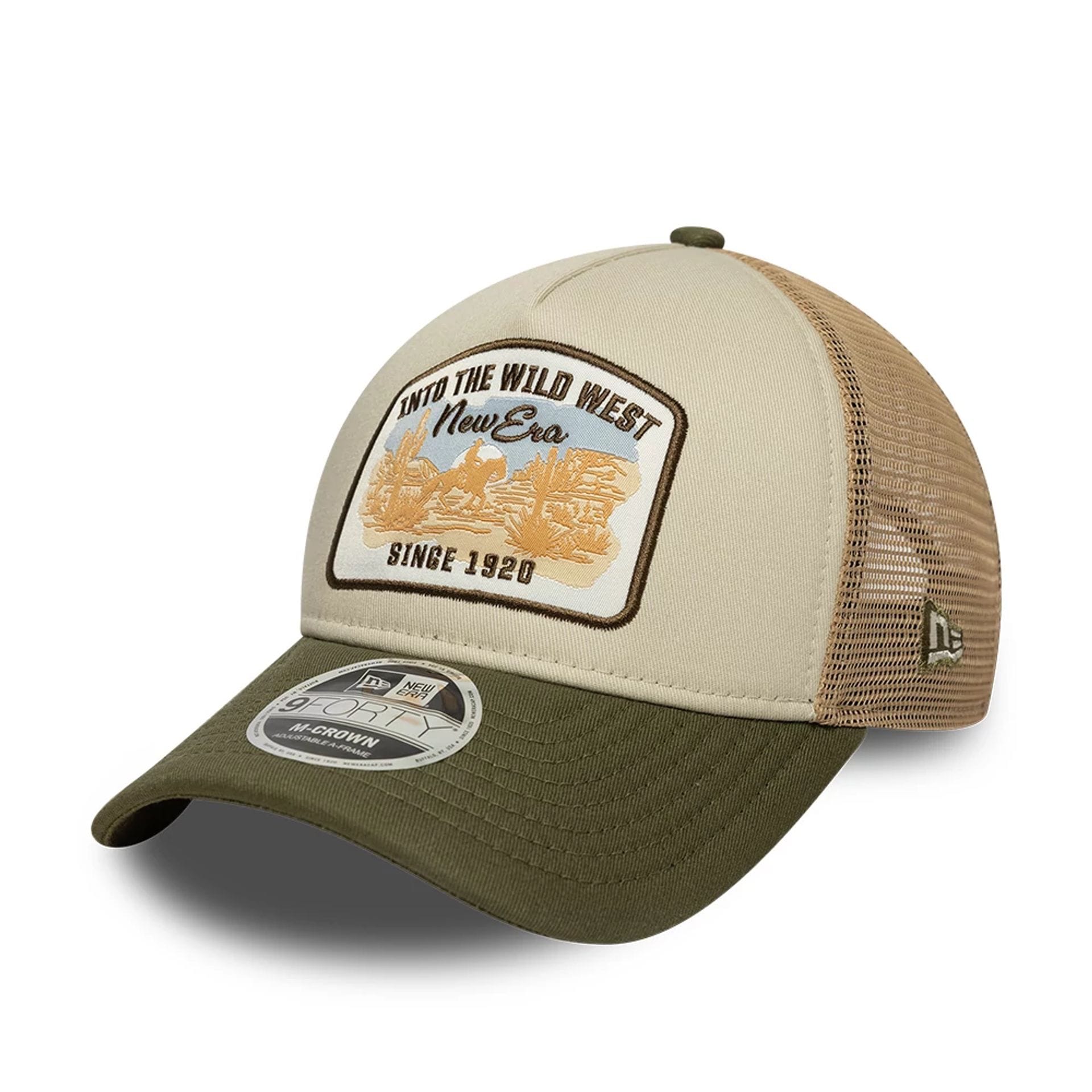 Pictured is this New Era 9FORTY M-Crown A-Frame Trucker cap in Dark Green. 1