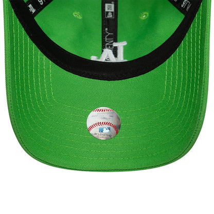 LA Dodgers Womens MLB League Essential Open Green New Era 9TWENTY Adjustable Cap, inside view revealing the bright green undervisor with a silver MLB sticker, black internal taping with '9TWENTY' text.
