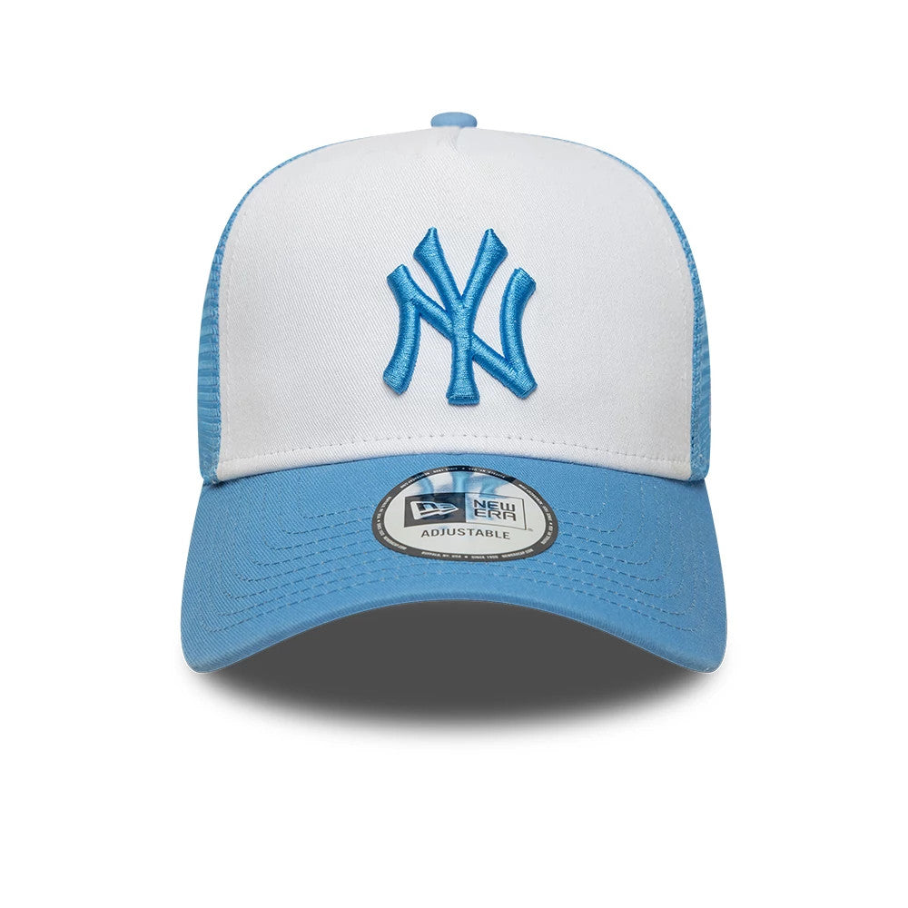 New York Yankees MLB League Essential Pastel Blue New Era 9FORTY A-Frame Trucker Adjustable Cap, front view showing a blue raised embroidered NY logo on the white front panel, a pastel blue curved visor, and a 9FORTY size sticker on the visor.