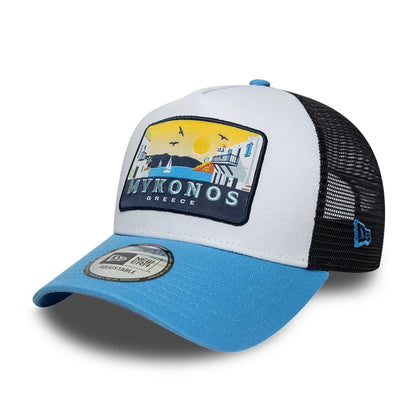 Pictured is this New Era Location 9FORTY A-Frame Trucker cap in pastel blue. 1