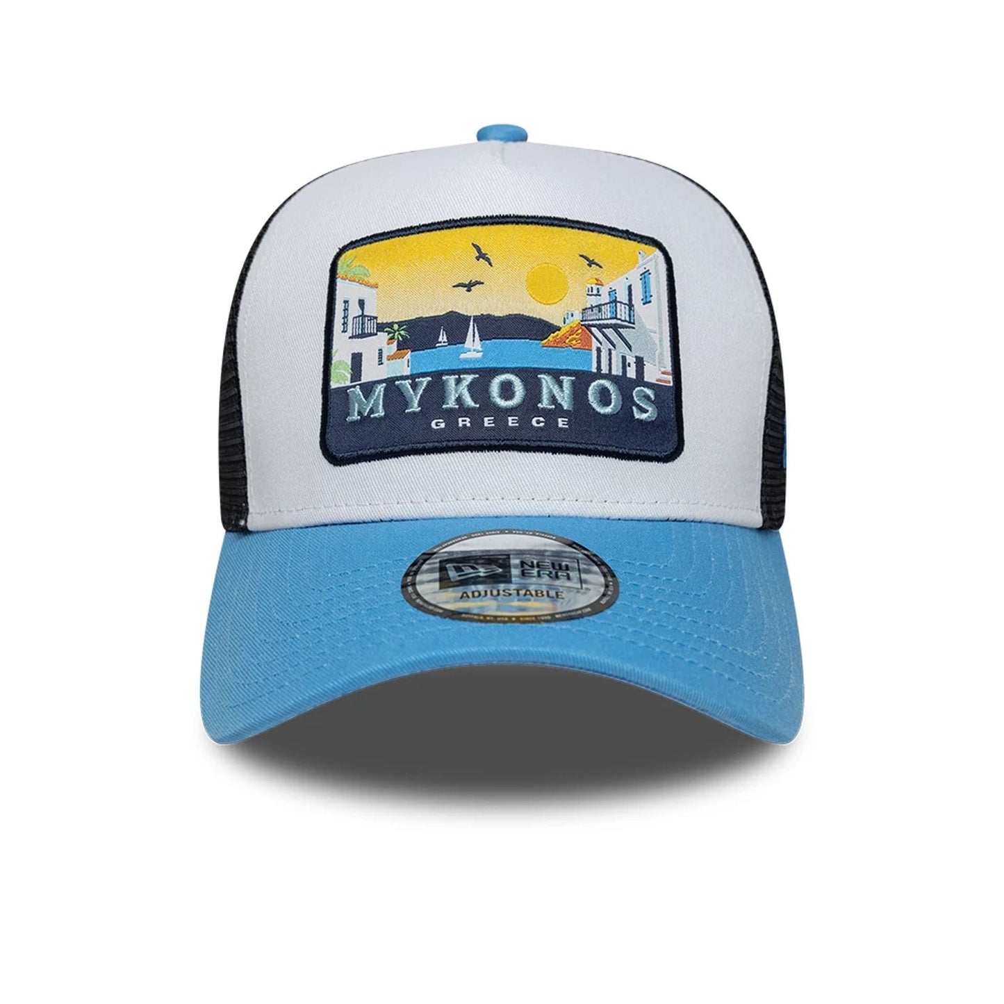 Pictured is this New Era Location 9FORTY A-Frame Trucker cap in pastel blue. 2