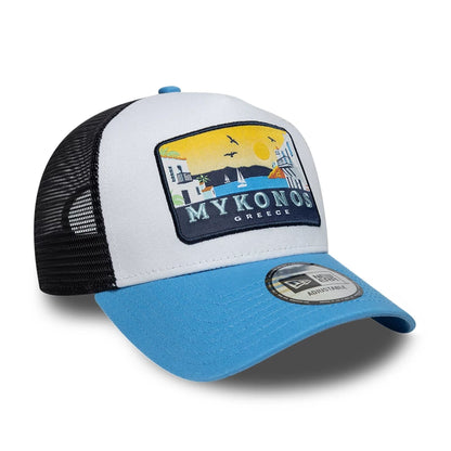 Pictured is this New Era Location 9FORTY A-Frame Trucker cap in pastel blue. 3
