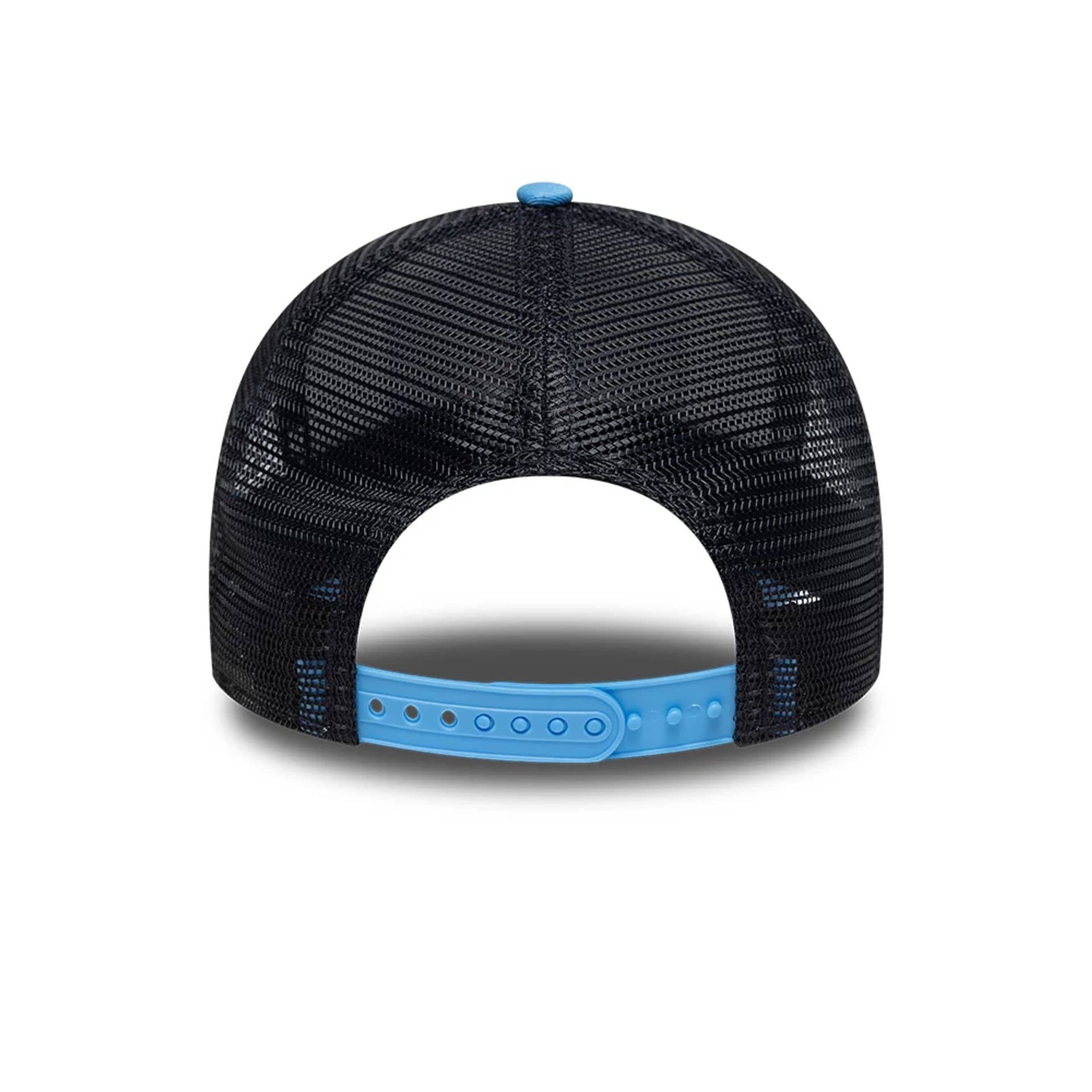 Pictured is this New Era Location 9FORTY A-Frame Trucker cap in pastel blue. 4