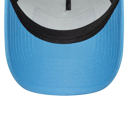 Pictured is this New Era Location 9FORTY A-Frame Trucker cap in pastel blue. 5