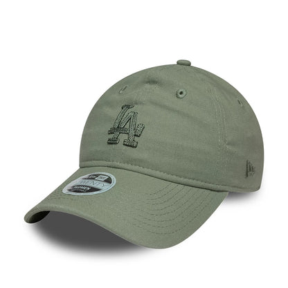 LA Dodgers Womens MLB Linen Pastel Green New Era 9TWENTY Adjustable Cap, three-quarter view showing the raised embroidered LA logo on the front panel, a curved visor with a 9TWENTY size sticker, and embroidered New Era flag on the left side.