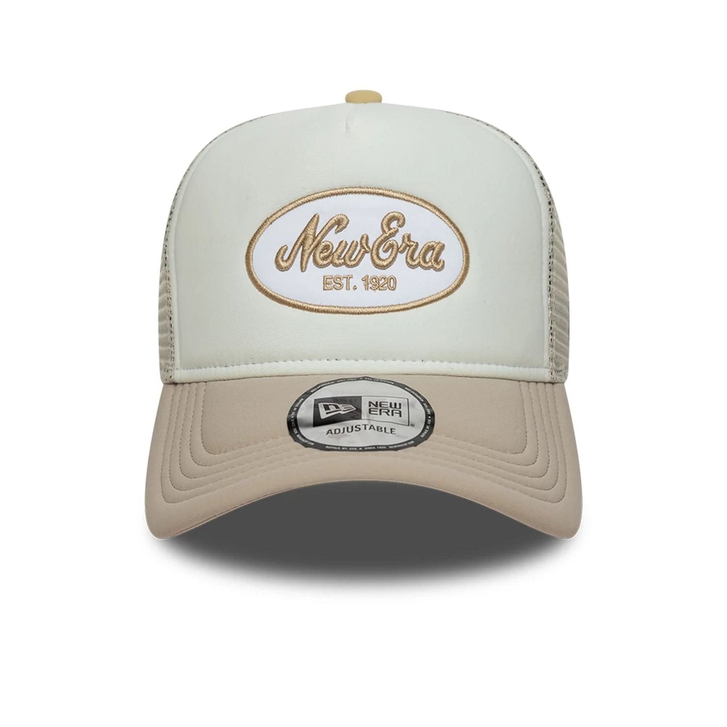 Pictured is this New Era Oval Patch 9FORTY A-Frame Trucker cap in Beige. 2