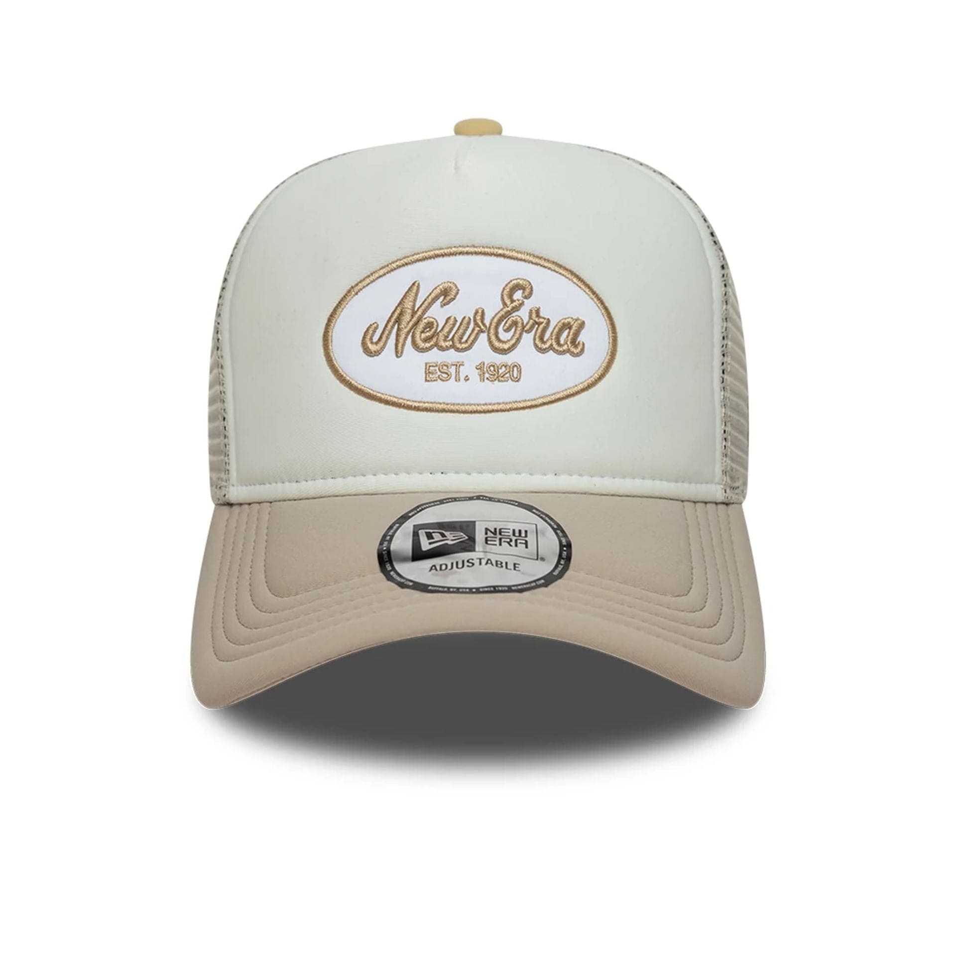 Pictured is this New Era Oval Patch 9FORTY A-Frame Trucker cap in Beige. 2
