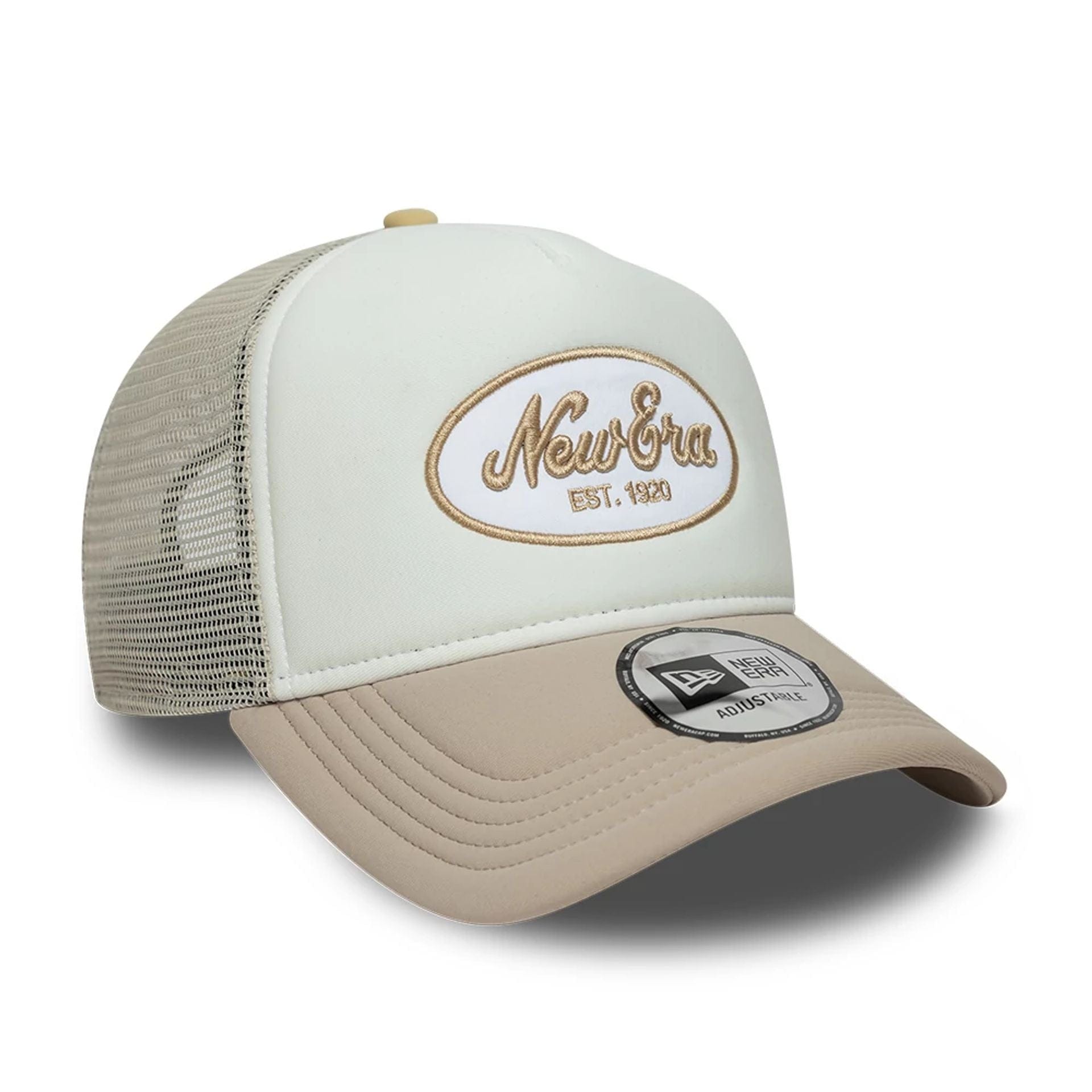 Pictured is this New Era Oval Patch 9FORTY A-Frame Trucker cap in Beige. 3