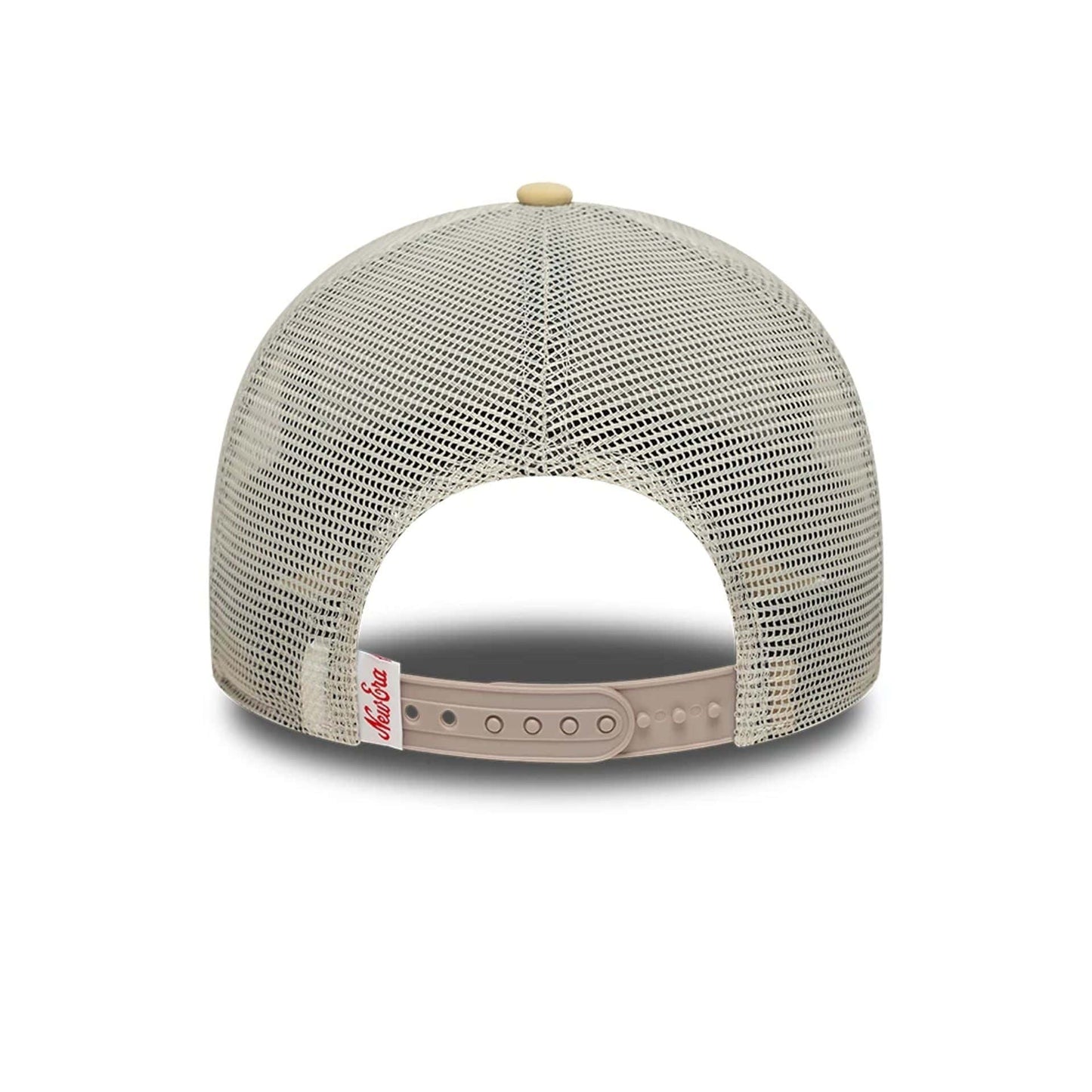 Pictured is this New Era Oval Patch 9FORTY A-Frame Trucker cap in Beige. 4