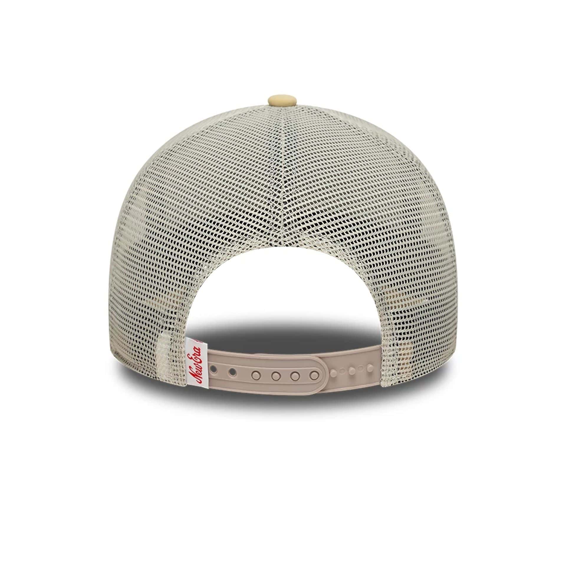 Pictured is this New Era Oval Patch 9FORTY A-Frame Trucker cap in Beige. 4