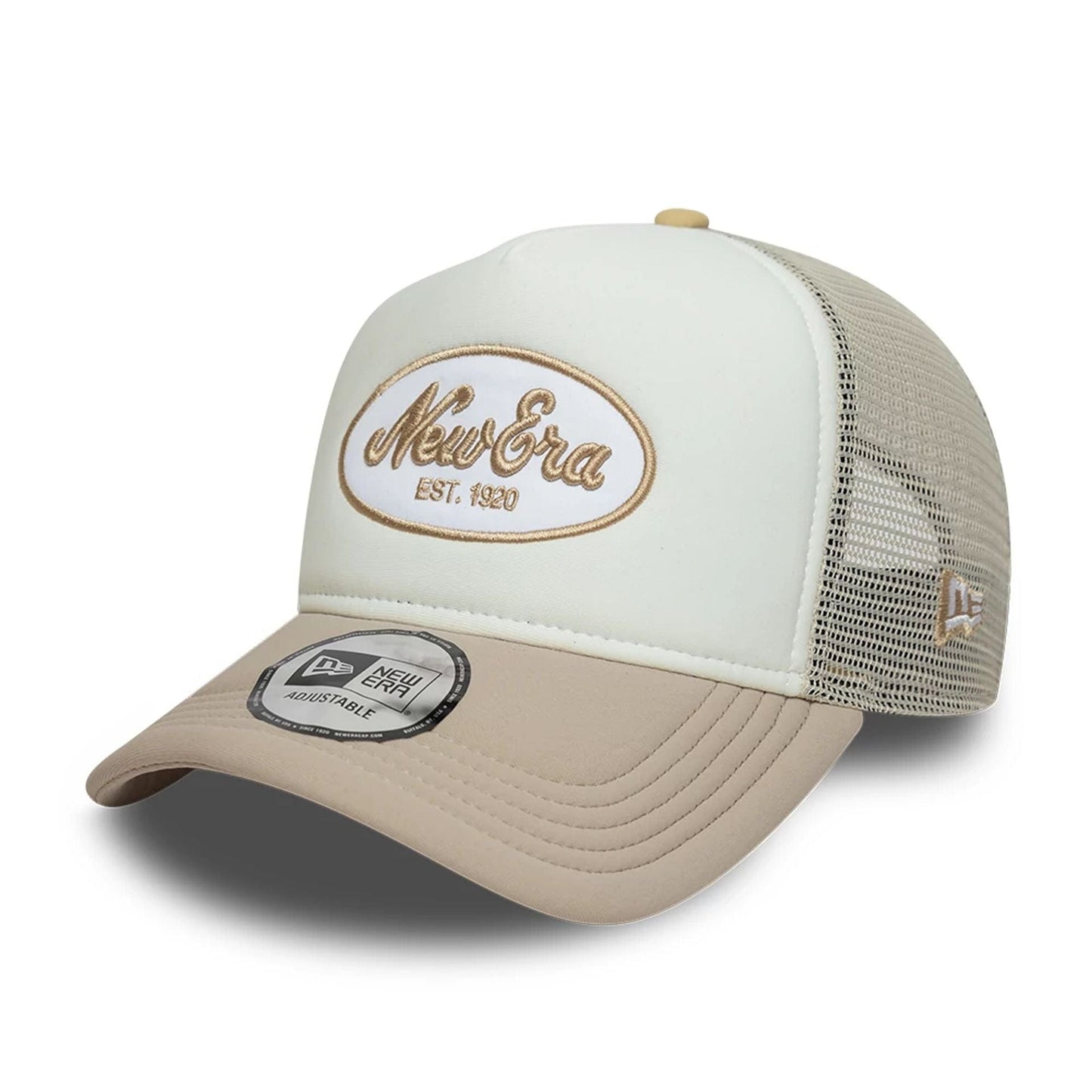 Pictured is this New Era Oval Patch 9FORTY A-Frame Trucker cap in Beige. 1