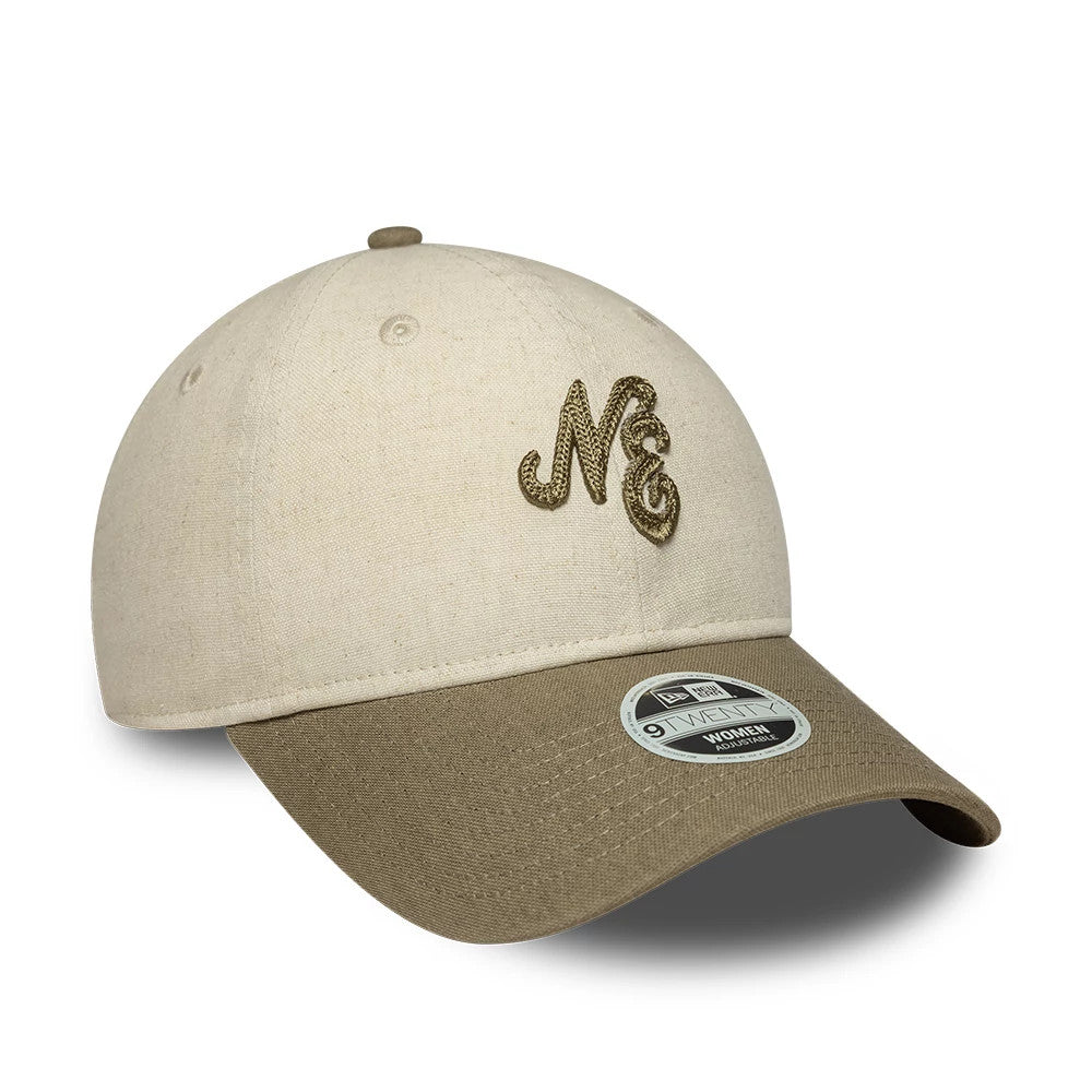 Pictured is this Womens New Era Linen 9TWENTY cap in Beige. 3