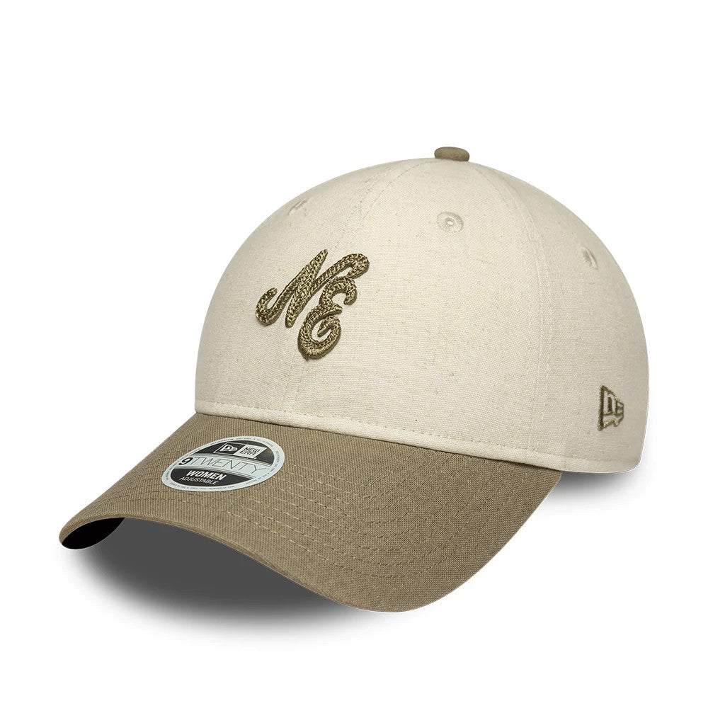 Womens New Era Linen Beige 9TWENTY Adjustable Cap, three-quarter view showing the brown embroidered NE logo on the front panel, a matching brown flat visor with a 9TWENTY size sticker, and the New Era flag logo on the left side.
