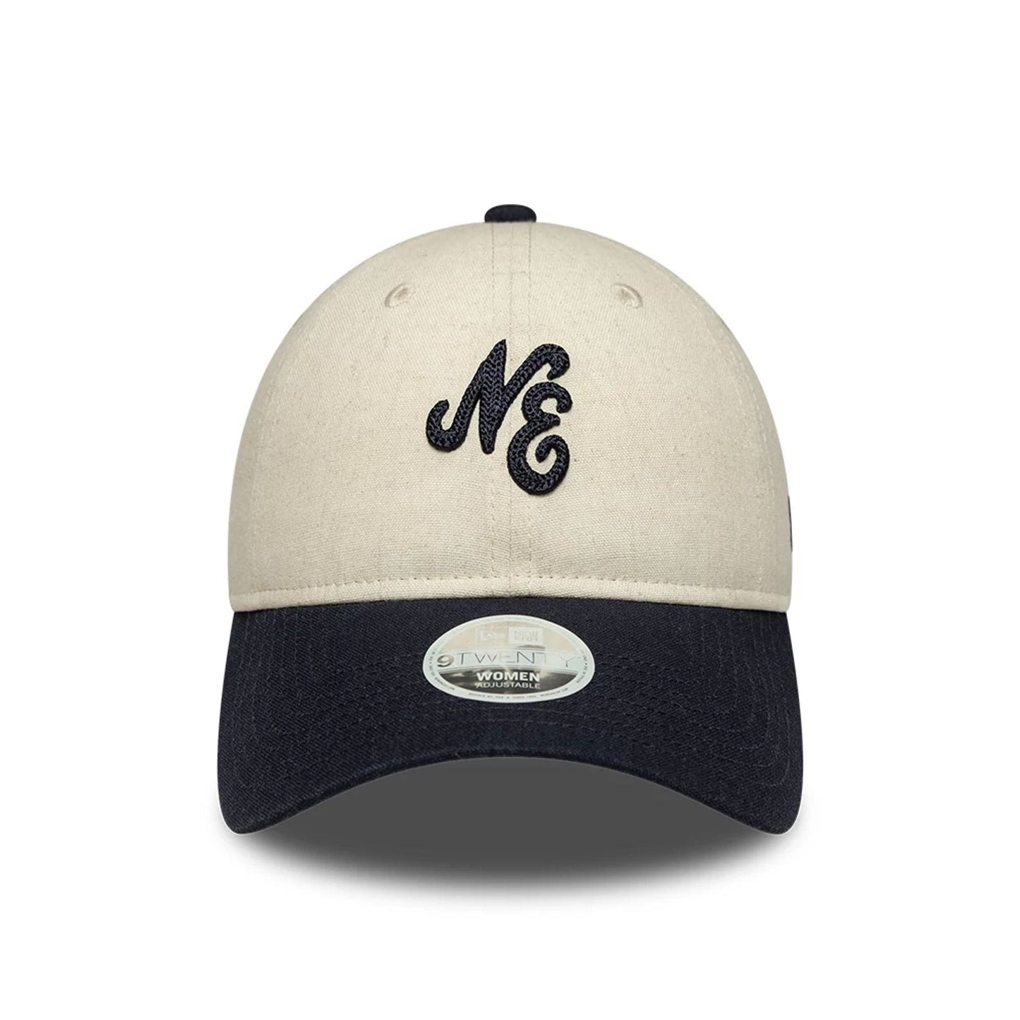 Pictured is this Womens New Era Linen 9TWENTY cap in Navy. 2