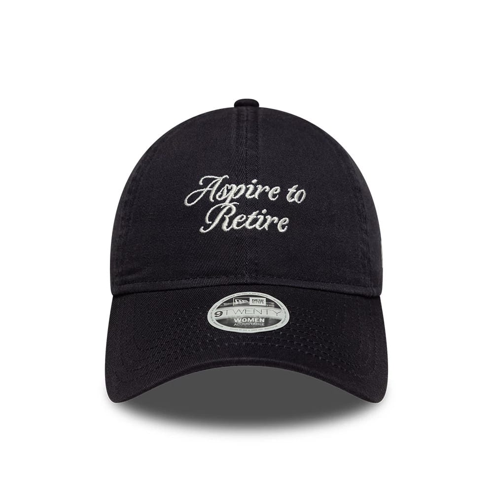 Pictured is this Womens New Era Slogan 9TWENTY cap in navy. 2