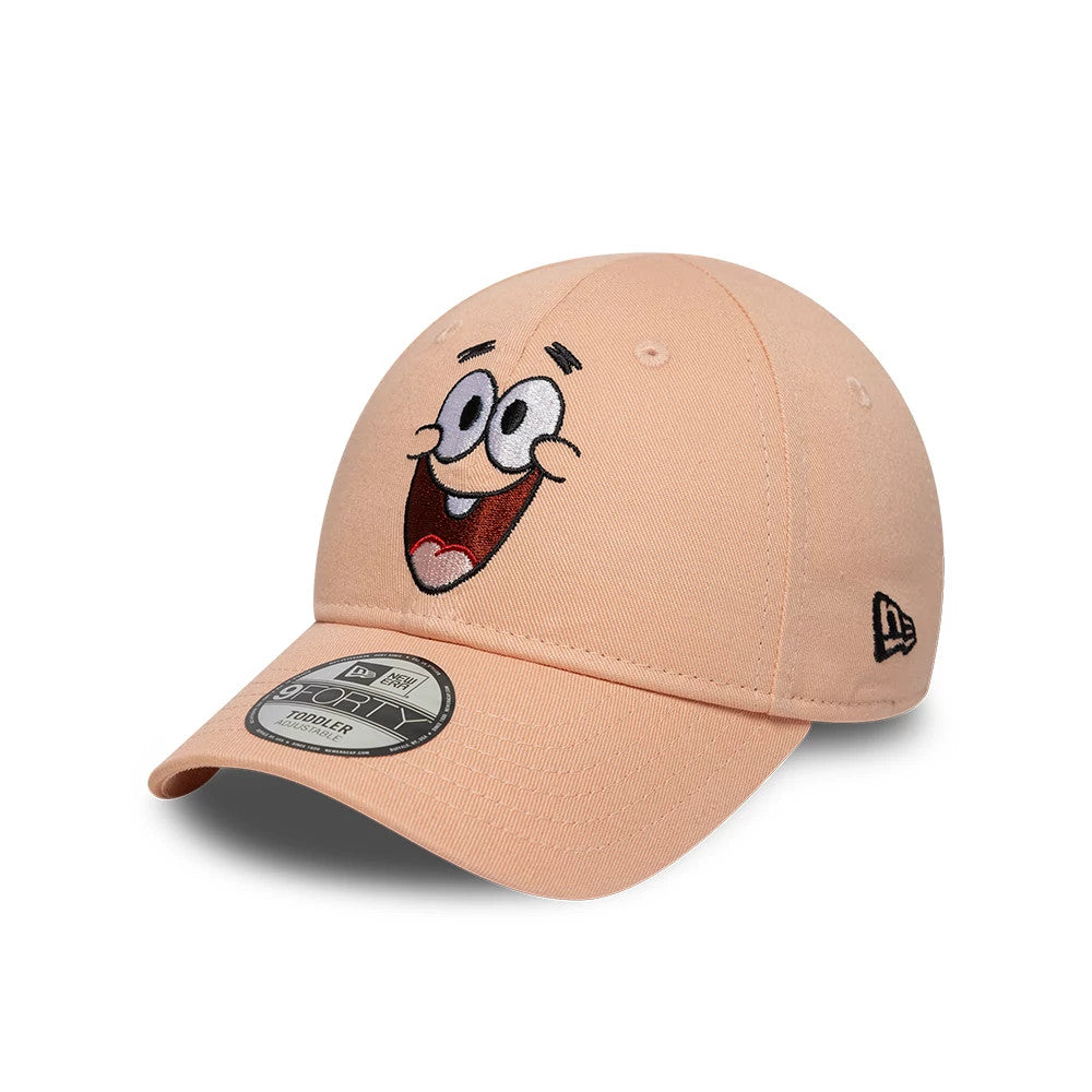 Patrick Star Toddler Spongebob Pastel Pink New Era 9FORTY Adjustable Cap, front view showing embroidered cartoon face with wide smile on the front panel, curved visor with 9FORTY size sticker, and black New Era flag logo on the left side.