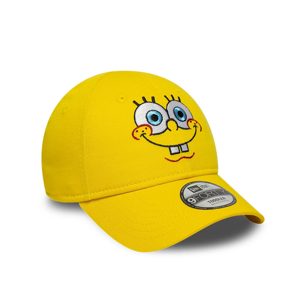 Spongebob Squarepants Toddler Bright Yellow New Era 9FORTY Adjustable Cap, front view showing the embroidered SpongeBob face with blue eyes and a smile on the structured crown, and a 9FORTY size sticker on the curved yellow visor.
