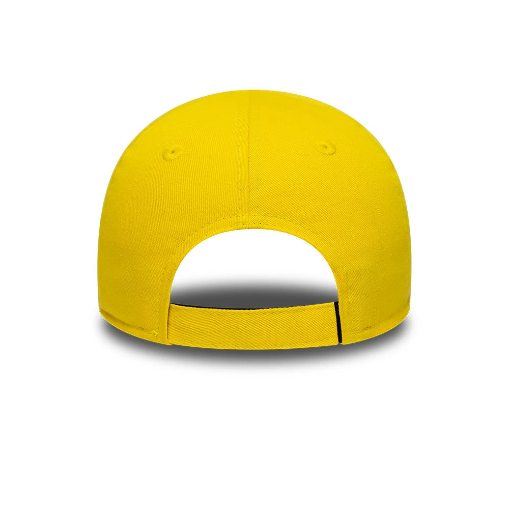 Spongebob Squarepants Toddler Bright Yellow New Era 9FORTY Adjustable Cap, rear view showing the opening with an adjustable strap at the base of the structured yellow crown, featuring two embroidered eyelets and a finish.