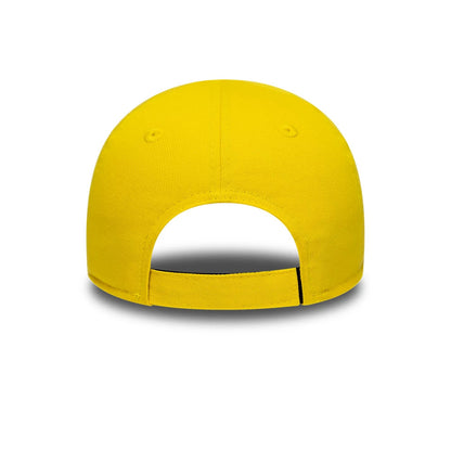 Spongebob Squarepants Toddler Bright Yellow New Era 9FORTY Adjustable Cap, rear view showing the opening with an adjustable strap at the base of the structured yellow crown, featuring two embroidered eyelets and a finish.