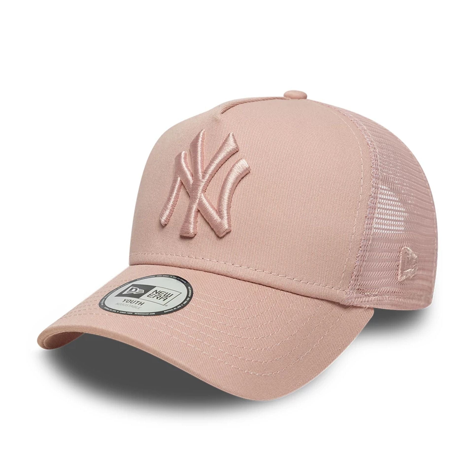 Pictured is this MLB League Essential Youth New York Yankees 9FORTY A-Frame Trucker cap in pastel pink. 1