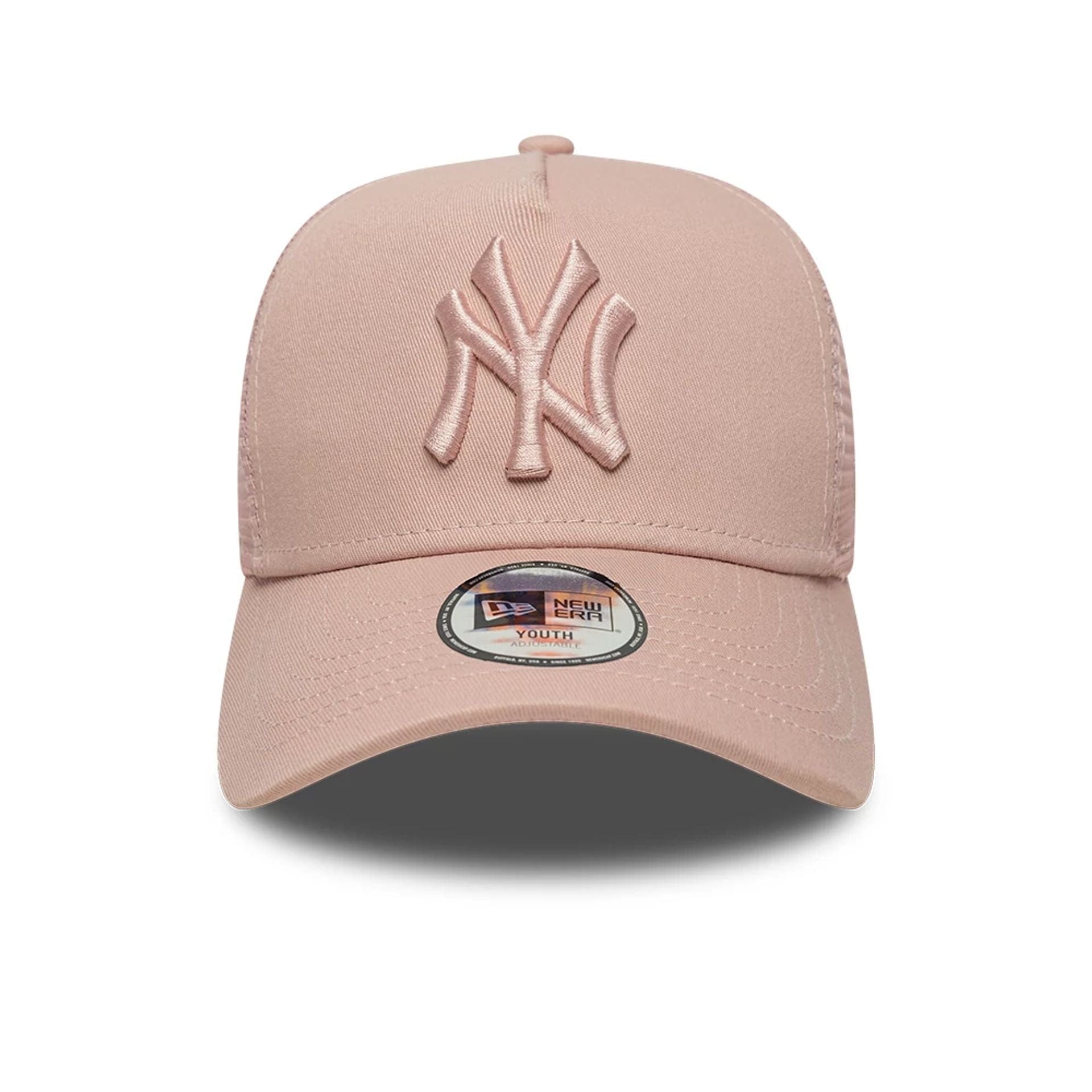 Pictured is this MLB League Essential Youth New York Yankees 9FORTY A-Frame Trucker cap in pastel pink. 2