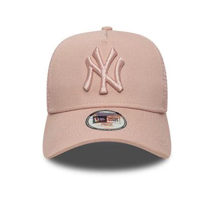 New York Yankees Youth MLB League Essential Pastel Pink New Era 9FORTY A-Frame Trucker Adjustable Cap, front view showing a raised embroidered NY logo on the front panel, a matching pastel pink curved visor, and a 9FORTY size sticker on the visor.