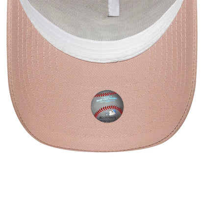 New York Yankees Youth MLB League Essential Pastel Pink New Era 9FORTY A-Frame Trucker Adjustable Cap, inside view showing a white sweatband and grey undervisor, with an MLB sticker placed centrally on the pastel pink visor.