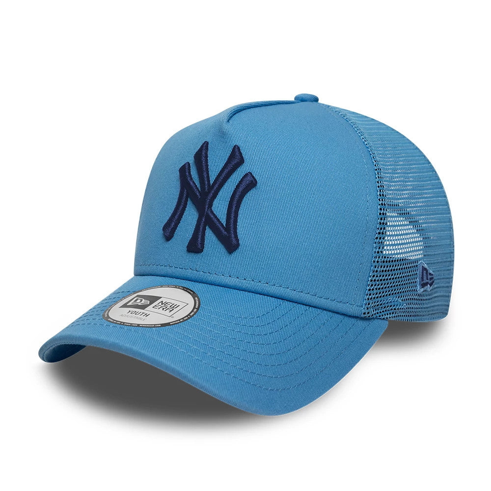 New York Yankees Youth MLB League Essential Pastel Blue New Era 9FORTY A-Frame Trucker Adjustable Cap, three-quarter view showing a raised navy NY logo on the front panel, a matching pastel blue curved visor with a 9FORTY size sticker.