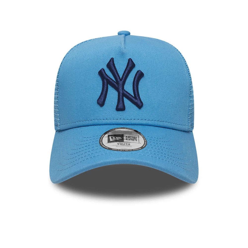 New York Yankees Youth MLB League Essential Pastel Blue New Era 9FORTY A-Frame Trucker Adjustable Cap, front view showing a raised navy NY logo embroidered on the structured pastel blue front panel, with a matching visor and a 9FORTY size sticker.