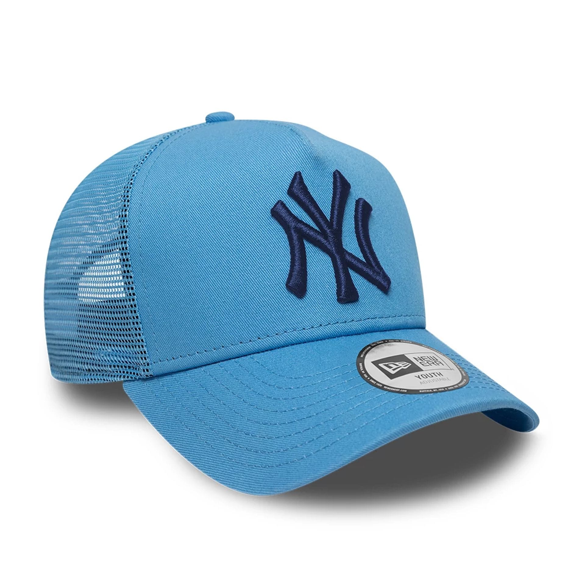 Pictured is this MLB League Essential Youth New York Yankees 9FORTY A-Frame Trucker cap in pastel blue. 3