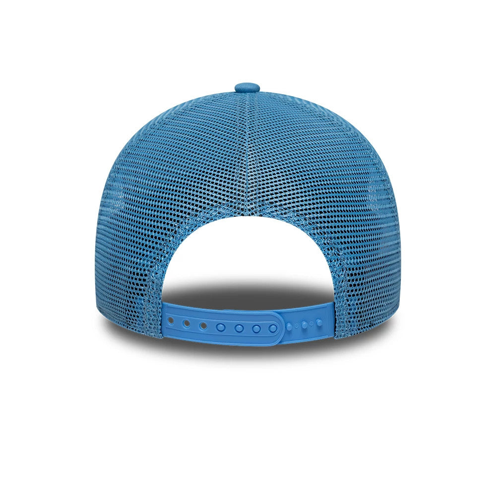New York Yankees Youth MLB League Essential Pastel Blue New Era 9FORTY A-Frame Trucker Adjustable Cap, rear view showing a pastel blue mesh crown with an adjustable snap closure at the back, highlighting the classic trucker style.