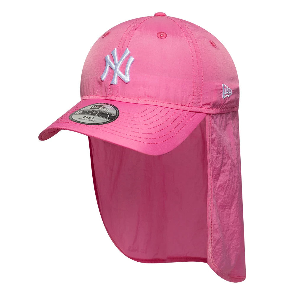 New York Yankees Child MLB Sun Shield Pink New Era 9FORTY Adjustable Cap, three-quarter view showing the white embroidered NY logo on the front panel, curved pink visor with a 9FORTY size sticker, and a drop-down sun shield at the back.