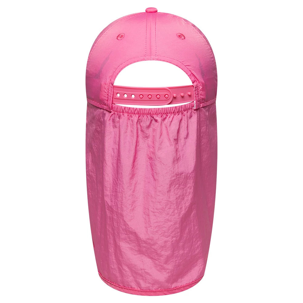 New York Yankees Child MLB Sun Shield Pink New Era 9FORTY Adjustable Cap, rear view showing an extended pink sun shield attached beneath the pink snapback closure, highlighting the ventilated crown with matching eyelets and a top button.