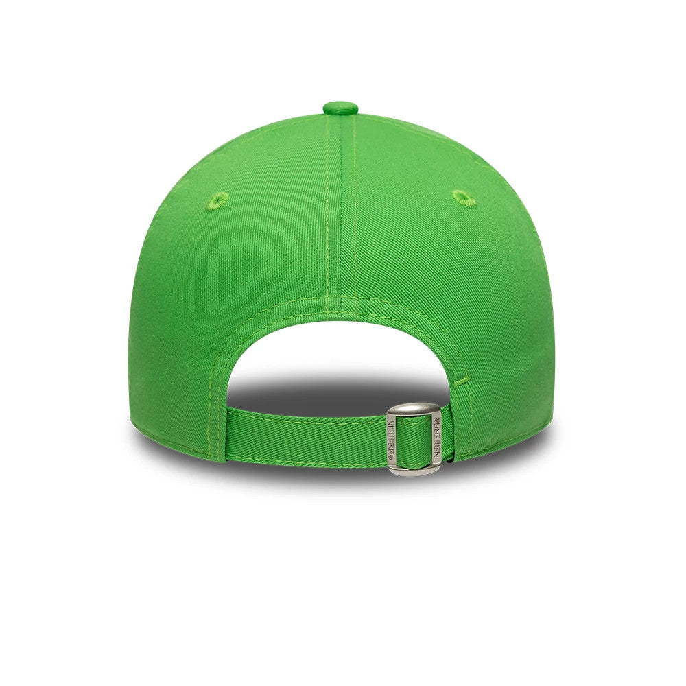New York Yankees MLB League Essential Open Green New Era 9FORTY Adjustable Cap, rear view showing the adjustable strap with a buckle, four green-stitched eyelets on the structured crown, and the top button in matching green fabric.