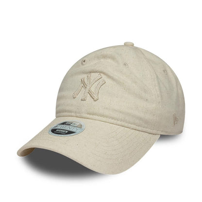 Pictured is this Womens MLB Linen New York Yankees 9TWENTY cap in light beige. 1