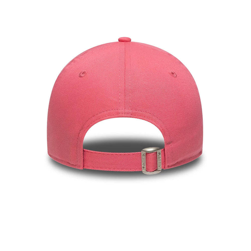 LA Dodgers Youth MLB League Essential Pink New Era 9FORTY Adjustable Cap, rear view showing the pink structured crown with matching eyelets, a fabric strap with a buckle, and stitching on the curved panels.