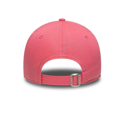 LA Dodgers Youth MLB League Essential Pink New Era 9FORTY Adjustable Cap, rear view showing the pink structured crown with matching eyelets, a fabric strap with a buckle, and stitching on the curved panels.