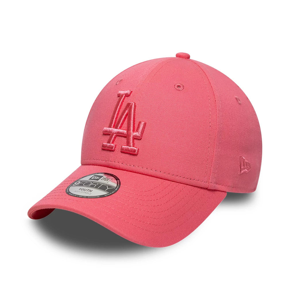 LA Dodgers Youth MLB League Essential Pink New Era 9FORTY Adjustable Cap, three-quarter view showing a raised embroidered pink LA logo on the front panel, matching pink curved visor with a 9FORTY size sticker, and New Era flag logo on the left side.