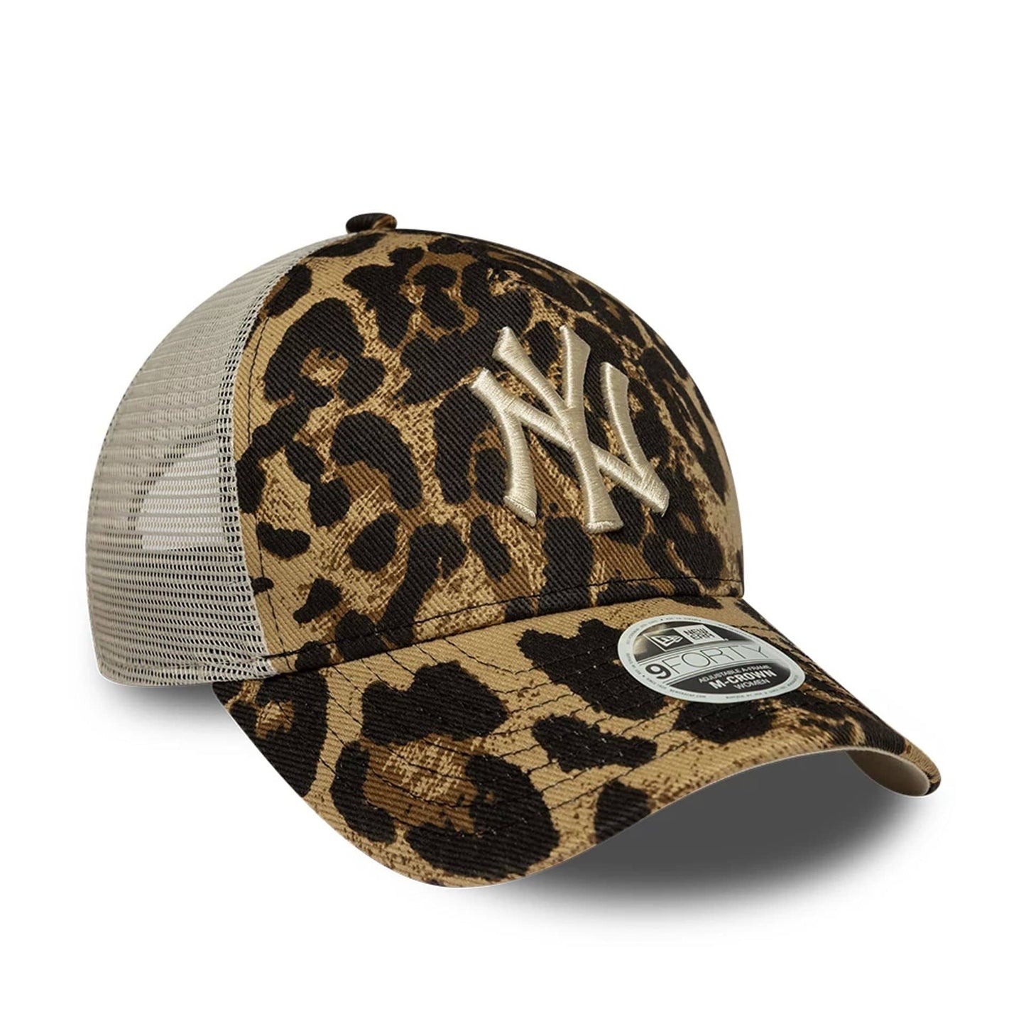 Pictured is this Womens MLB Leopard New York Yankees 9FORTY M-Crown A-Frame Trucker cap in dark brown. 3