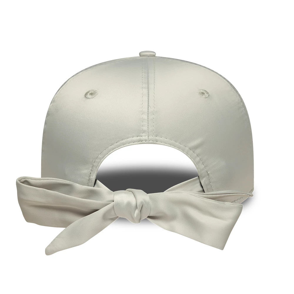 New York Yankees Womens MLB Satin Bow Back Grey New Era 9FORTY Adjustable Cap, rear view showing a large satin bow tied at the back opening, with a grey satin finish on the panels and a matching top button.