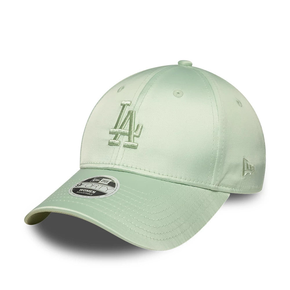 LA Dodgers Womens MLB Satin Bow Back Pastel Green New Era 9FORTY Adjustable Cap, three-quarter view showing the raised pastel green LA logo on the front panel, matching New Era flag logo on the left side, and 9FORTY size sticker on the visor.