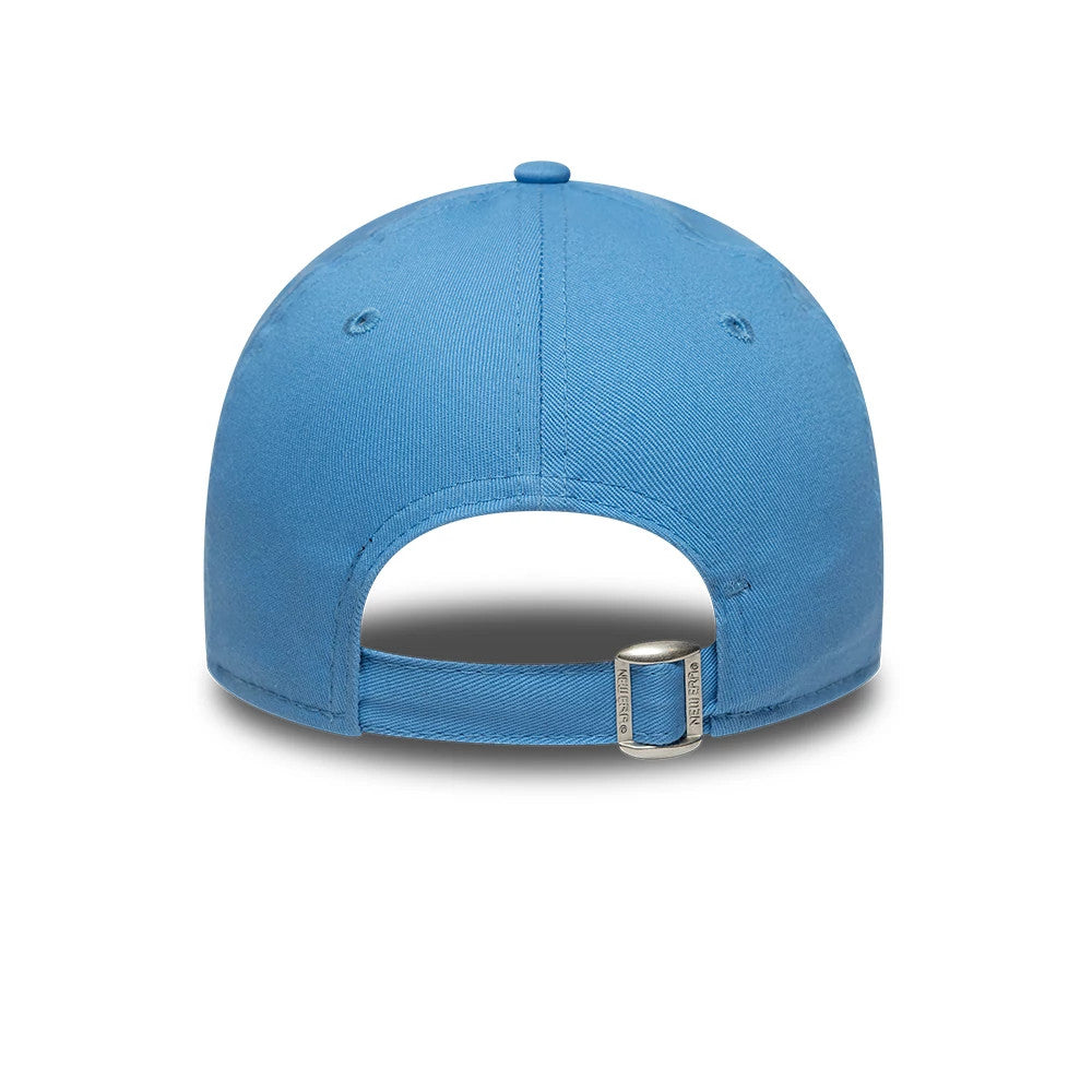 LA Dodgers Youth MLB League Essential Pastel Blue New Era 9FORTY Adjustable Cap, rear view showing the adjustable strap with buckle for a custom fit, embroidered eyelets for ventilation, and a structured pastel blue crown.
