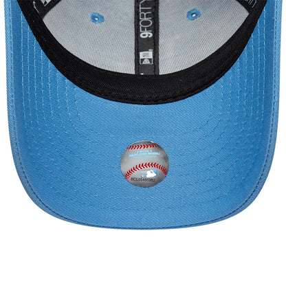 LA Dodgers Youth MLB League Essential Pastel Blue New Era 9FORTY Adjustable Cap, inside view showing the black sweatband with 9FORTY branding, blue undervisor, and the MLB authenticity sticker featuring a baseball design centred below the visor.