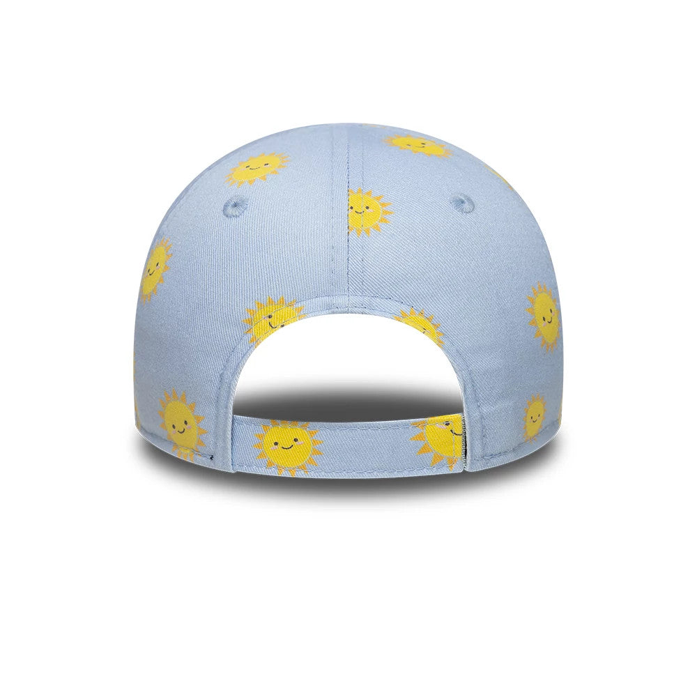 New York Yankees Toddler MLB Summer Pastel Blue New Era 9FORTY Adjustable Cap, rear view showing multiple cheerful yellow sun graphics printed across the light blue fabric, an adjustable strap closure at the back.