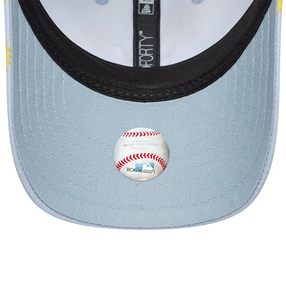 New York Yankees Toddler MLB Summer Pastel Blue New Era 9FORTY Adjustable Cap, inside view showing a light blue undervisor, a detailed MLB baseball sticker, and black taping with a white New Era logo running down the middle.